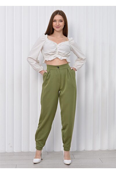 Nuseel Pantaloni de damă cu talie înaltă, cu manșete, verde deschis