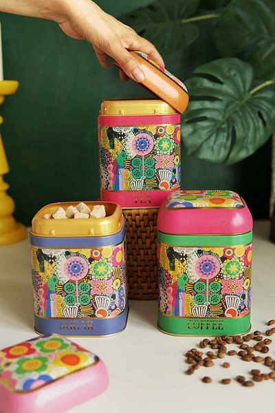 EVLE Square Metal Storage Container, 10.8 x 10.8 x 11.8 cm, Set of 3, Sunflower