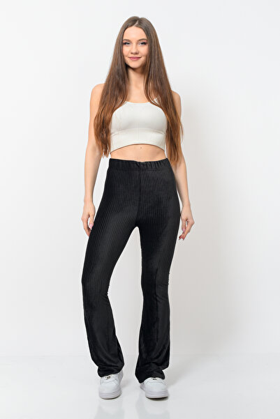 Nuseel Kadın Fitilli Kadife Ispanyol Paça Pantolon Siyah Rengi
