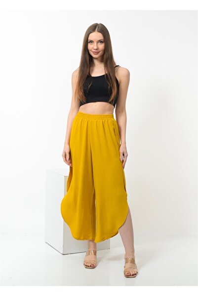 Nuseel Kadın Yanı Yırtmaçlı Şalvar Pantolon Sarı Renk