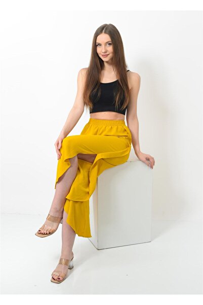 Nuseel Kadın Yanı Yırtmaçlı Şalvar Pantolon Sarı Renk