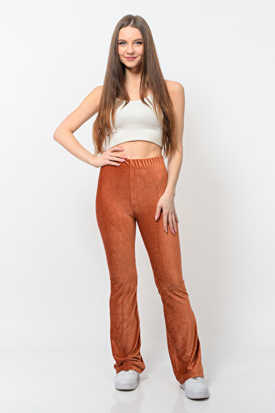 Nuseel بنطلون نسائي مخملي بلون القرميد - مضلع وساق واسعة