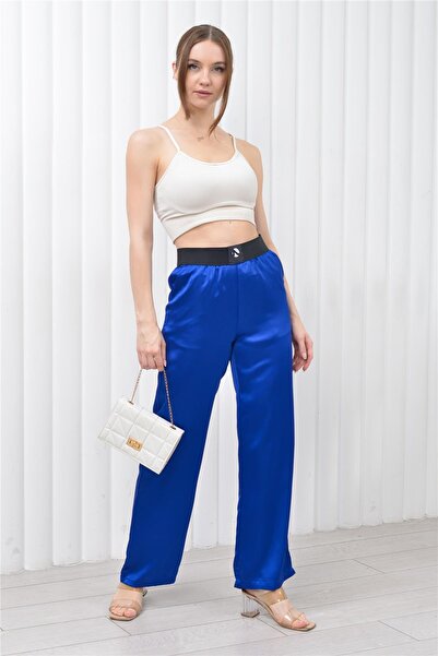 Nuseel بنطلون نسائي من الساتان بالازو بخصر مطاطي