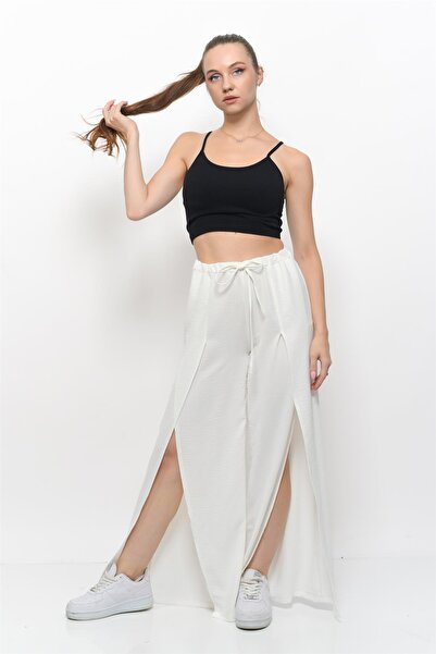 Nuseel Women's Linen Fabric Front Slit Elastic Waist Loose Fit Trousers White