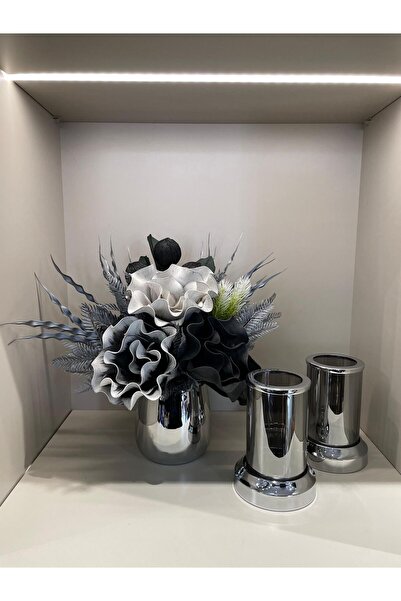 TASARIMHMODA Yapay Çiçekli 3 Parça Set Gümüş No:2