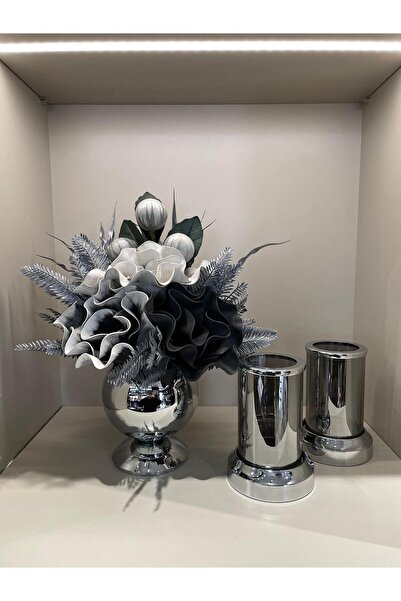 TASARIMHMODA Yapay Çiçekli 3 Parça Set Gümüş No:4