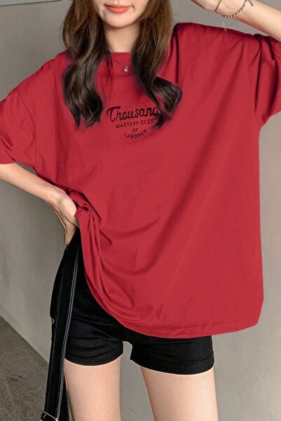 MODAGEN Unisex Red Crew Neck Thousand Printed Oversize T-Shirt