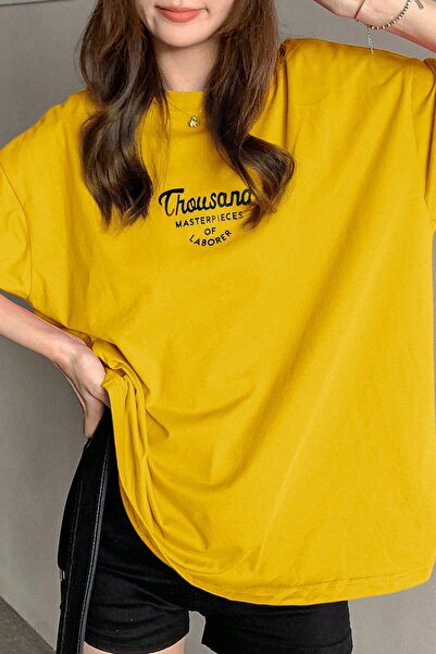 MODAGEN Unisex Yellow Crew Neck Thousand Printed Oversize T-Shirt