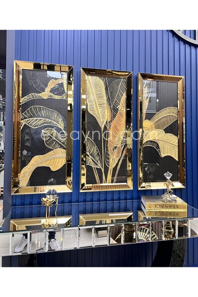Efe Ayna STARLİÇE - 3'LÜ GOLD AYNA TABLO SETİ-40x90cm  (40x90cm  x 3adet tablo )