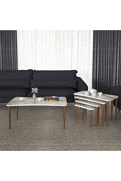 Enda Home Erendiz 5li Ahşap Ayaklı Orta Sehpa ve Zigon Sehpa Seti XL Beyaz Me...