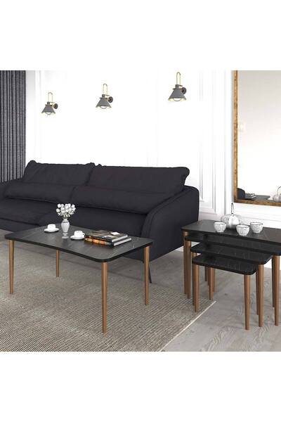 Enda Home Erendiz 5li Ahşap Ayaklı Orta Sehpa ve Zigon Sehpa Seti XL Siyah Me...