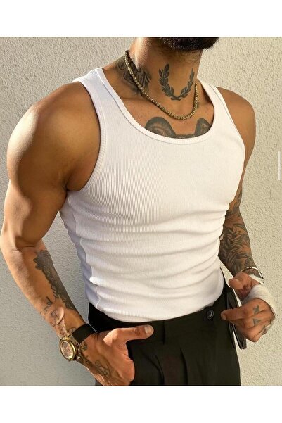 THEMANN Corded Patterned Cotton White Sports Tank Top