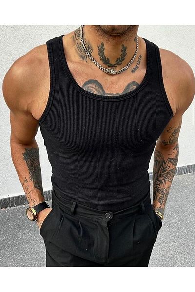 THEMANN Corded Patterned Cotton Black Sports Tank Top