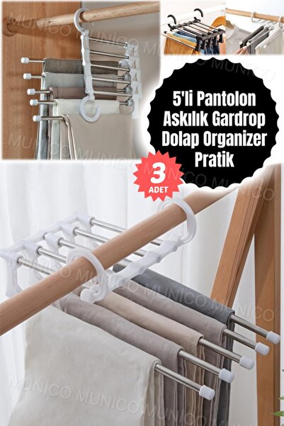 Munico 3 Adet 5 Uçlu Katlanır Pantolon Askısı Dolap Dahili Ev Çok Fonksiyonlu...