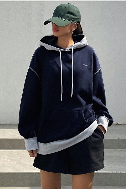 MODAGEN Unisex Navy Blue-Grey Hooded Back Dream Printed Oversize Sweatshirt