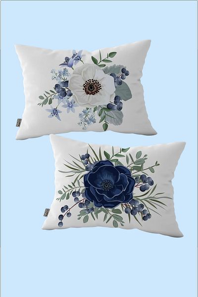 Hayal Dekoratif Blue Flower White Flower Designed White Background Digital Printed 2-Piece Rectangular Throw Pillow