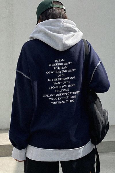 MODAGEN Unisex Navy Blue-Grey Hooded Back Dream Printed Oversize Sweatshirt