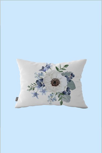 Hayal Dekoratif Blue Flower White Flower Designed White Background Digital Printed 2-Piece Rectangular Throw Pillow