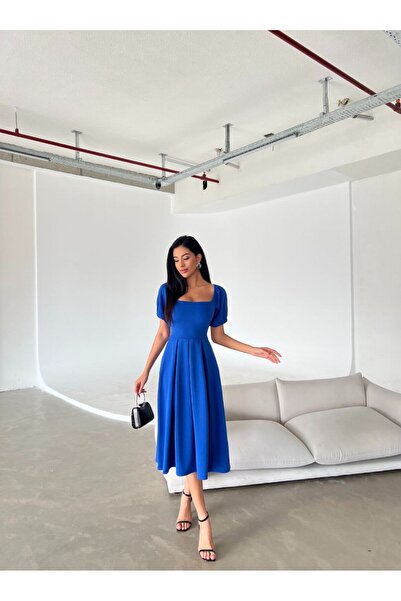 vuvutasarım Women's Stretchy Diver Fabric Square Neck Balloon Sleeve Design Black Midi Evening Dress582613