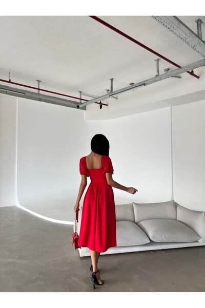 vuvutasarım Women's Stretchy Diver Fabric Square Neck Balloon Sleeve Design Black Midi Evening Dress582613