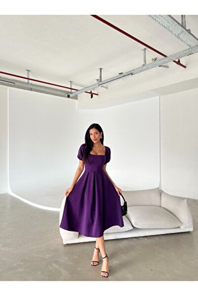 vuvutasarım Women's Stretchy Diver Fabric Square Neck Balloon Sleeve Design Black Midi Evening Dress582613