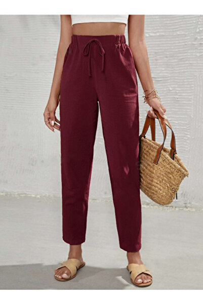 night blue بنطلون كتان عالي الخصر باللون الأحمر الداكن - فرنسي