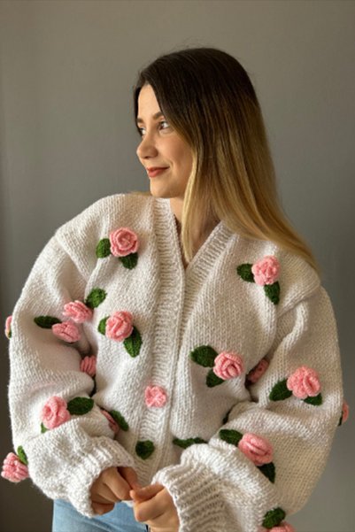 Mia Silvain Hand Knitted Pink Rose Cardigan