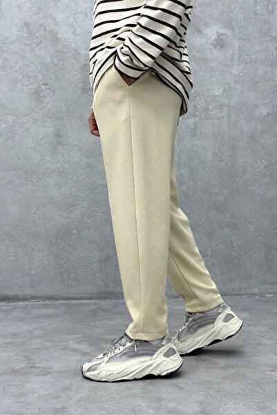 MADZEYMODA Boyfriend Mold Ανδρική Βάφλα Ύφασμα Μπεζ Jogger με ελαστική μέση