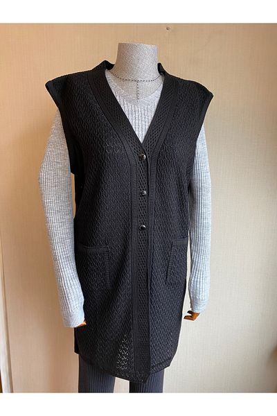 TEK Black Single Knitwear Tunic Vest - Stylish Patterned, Intermediate Size