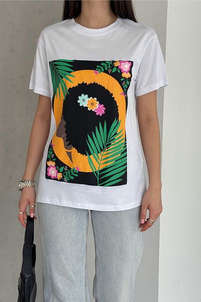 FEMELLE Tricou alb din bumbac imprimat pentru femei