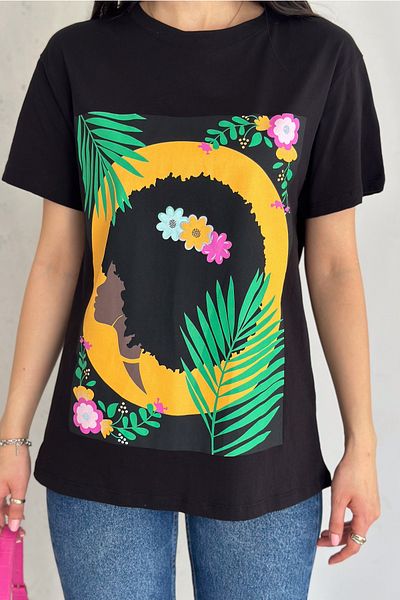 FEMELLE Tricou de damă negru din bumbac imprimat