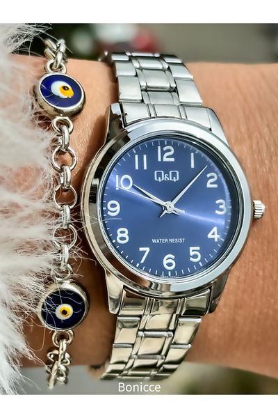Q&Q Navy Blue Numeral Dial Steel Cord, Waterproof, Stylish Women's Wristwatch Evil Eye Beaded Bracelet