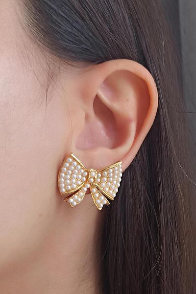 By Zeyna Aksesuar Women's Special Design 3 cm Faux Pearl Ribbon Model Earrings zyna005