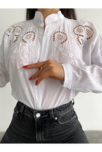 ubmbutik Cămașă de damă - Guler înalt - Mânecă lungă - Cămașă lejeră cu aspect de in festonat