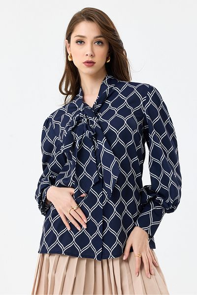 MD trend Women's Scarf Patterned Balloon Sleeve Oversize Blouse Shirt with Shoulder Gather Detail