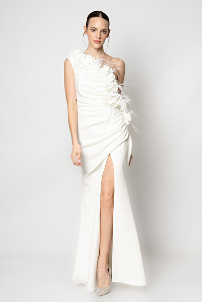 RENGIN Omuzdan bele tüylü çiçekli pileli abiye elbise