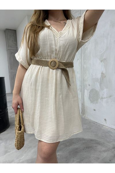 BİKELİFE Damen Sommerkleid aus Leinen mit V-Ausschnitt, elastischer Taille und Gürtel