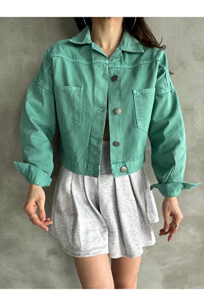 Genel Markalar Çift Cepli Denim Crop Ceket