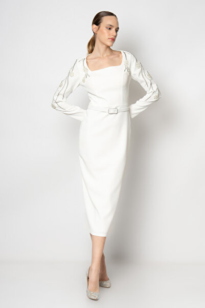 RENGIN Kolları taş işlemeli kare yaka krep abiye elbise