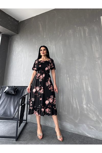 LİLA İSTANBUL Rochie de vară cu guler pătrat Gimped Helen din stofă cu modele florale