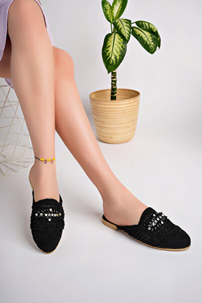 StWenn Women's Stoned Slippers Closed Front Straw Lace Knitted Dowry Daily Sandals