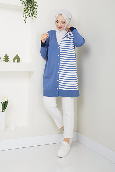 Pamuk Butik Women's Mercerized Stripe Detailed Striped Knitwear Cardigan