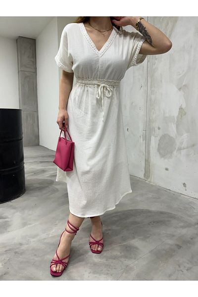 BİKELİFE Sommerliches Leinenkleid für Damen mit Fledermausärmeln und Spitzendetails