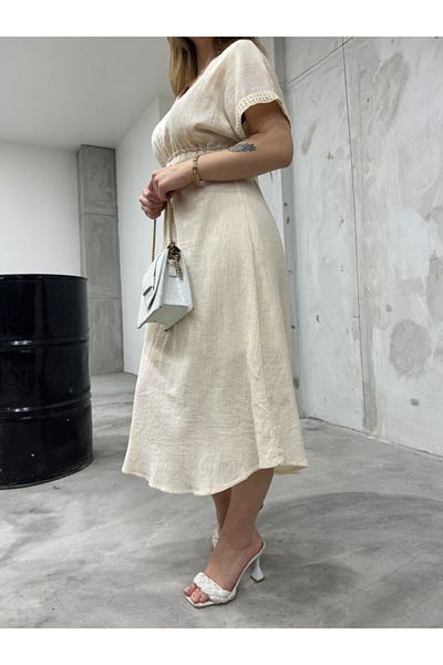 BİKELİFE Sommerliches Leinenkleid für Damen mit Fledermausärmeln und Spitzendetails