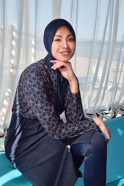 Haşema Elisa Cord Λεπτομερές Navy Blue Gilet Full Hijab μαγιό