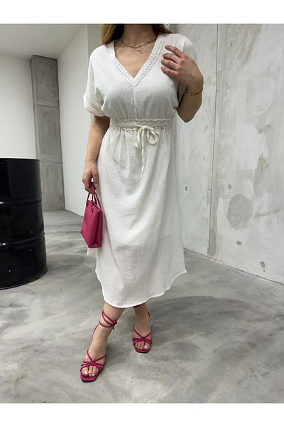 BİKELİFE Sommerliches Leinenkleid für Damen mit Fledermausärmeln und Spitzendetails