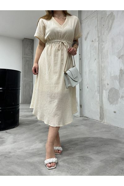 BİKELİFE Sommerliches Leinenkleid für Damen mit Fledermausärmeln und Spitzendetails
