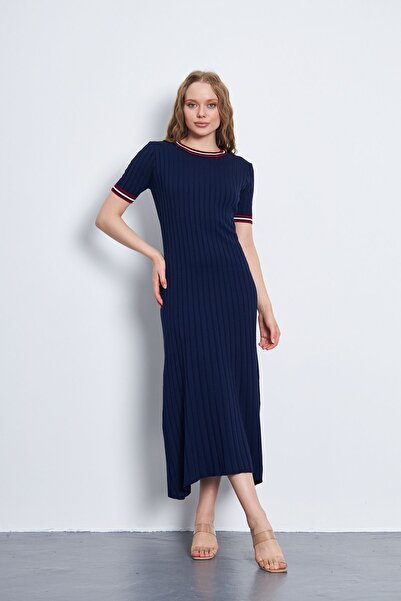 brako tekstil Kadın Lacivert Bisiklet Yaka Fitilli Kısa Kollu Şerit Detaylı T...