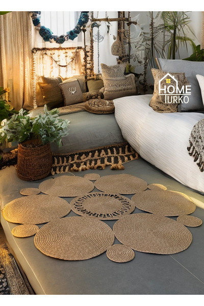 HomeTurko Moderin Hasır, Yuvarlak, Desenli Naturel Jüt Hasır Kilim, Mutfak,sa...