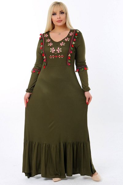 Kheos Embroidered V-Neck Tasseled Ruffle Skirt Long Sleeve Full Length Dress